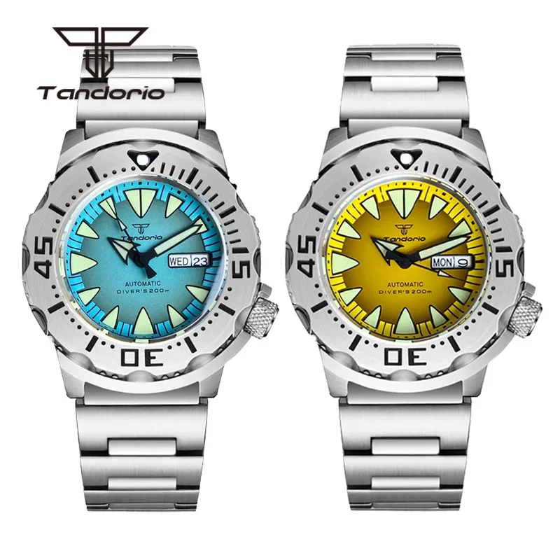 Tandorio Monster Dive NH36 42mm Mechanical Automatic Men Watch 20ATM AR Sapphire Crystal Wristwatch Date Week Green Luminous