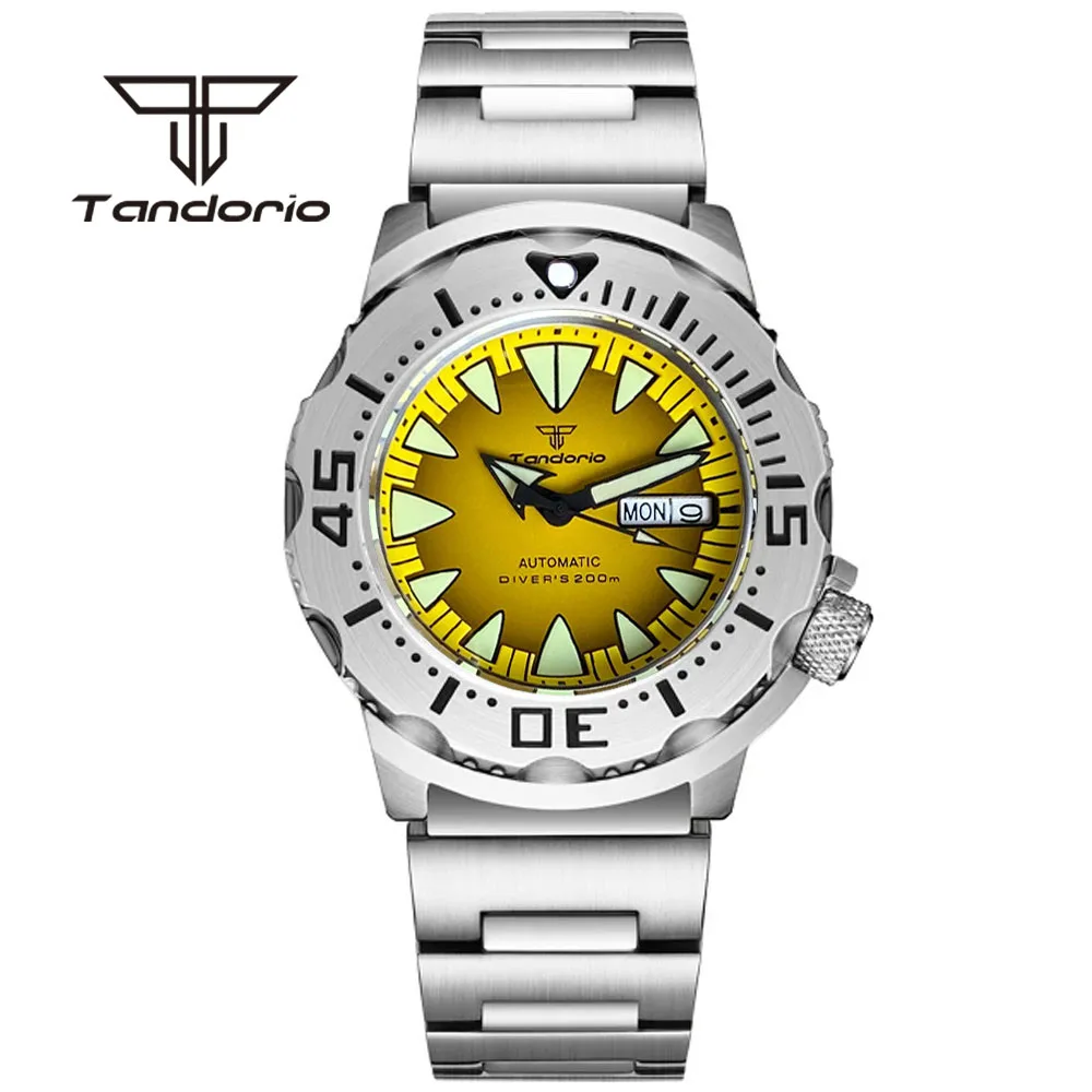 Tandorio Monster Dive NH36 42mm Mechanical Automatic Men Watch 20ATM AR Sapphire Crystal Wristwatch Date Week Green Luminous