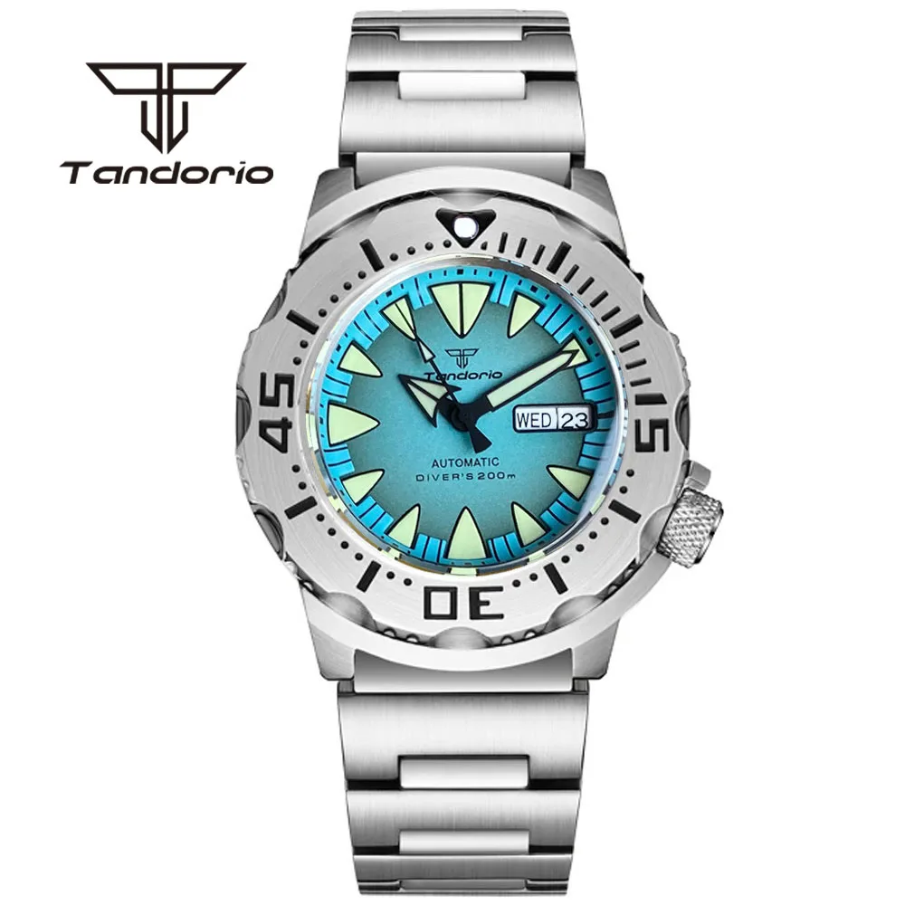 Tandorio Monster Dive NH36 42mm Mechanical Automatic Men Watch 20ATM AR Sapphire Crystal Wristwatch Date Week Green Luminous