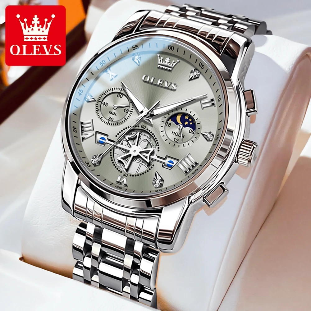 OLEVS Men's Watches Classic Multifunctional Fltwheel Chronograph Original Quartz Wristwatch Moon Phase 24 Hour Waterproof reloj