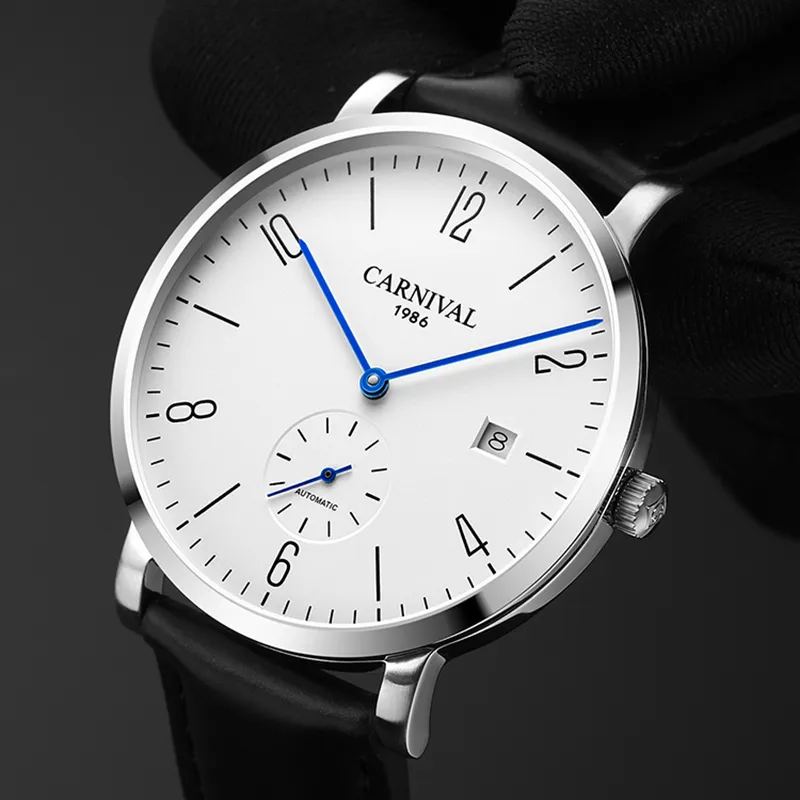 Carnival Fashion Simple Small Seconds Design Mechanical Watch Men Calendar Waterproof Automatic Watch Leather Strap Watches 8017