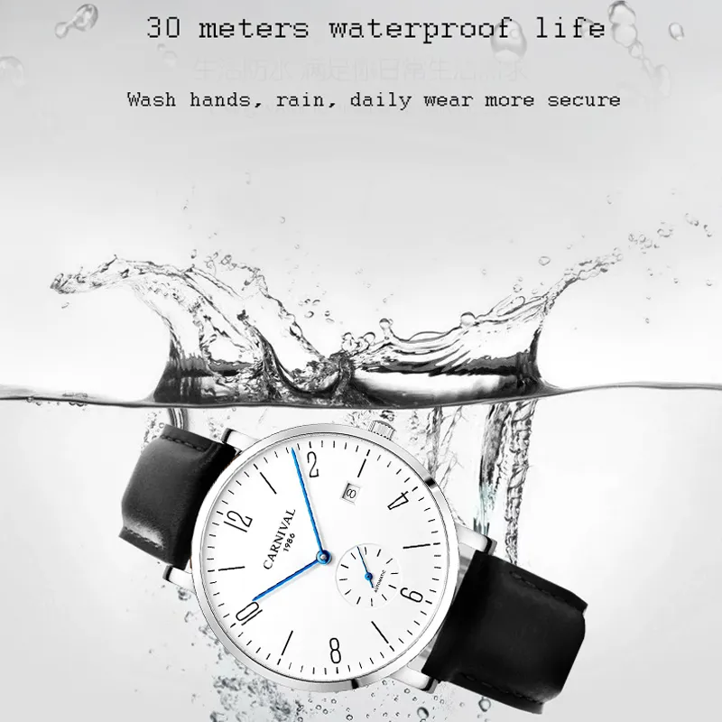 Carnival Fashion Simple Small Seconds Design Mechanical Watch Men Calendar Waterproof Automatic Watch Leather Strap Watches 8017