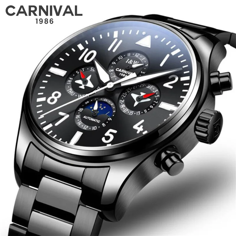 Pilot CARNIVAL Fashion Casual Black Steel Watch Men Automatic Mechanical Watch Reloj Hombre Business Luxury Watches Reloj