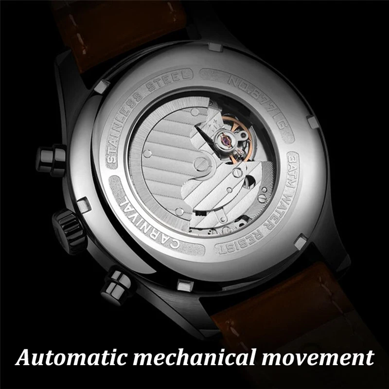 Pilot CARNIVAL Fashion Casual Black Steel Watch Men Automatic Mechanical Watch Reloj Hombre Business Luxury Watches Reloj