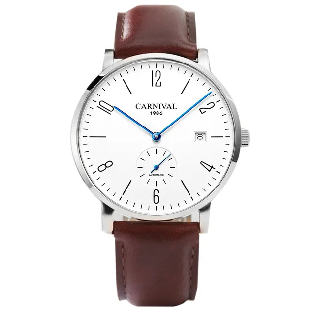 Carnival Fashion Simple Small Seconds Design Mechanical Watch Men Calendar Waterproof Automatic Watch Leather Strap Watches 8017
