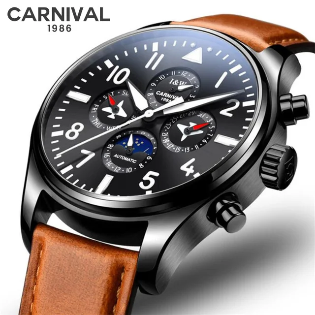 Pilot CARNIVAL Fashion Casual Black Steel Watch Men Automatic Mechanical Watch Reloj Hombre Business Luxury Watches Reloj