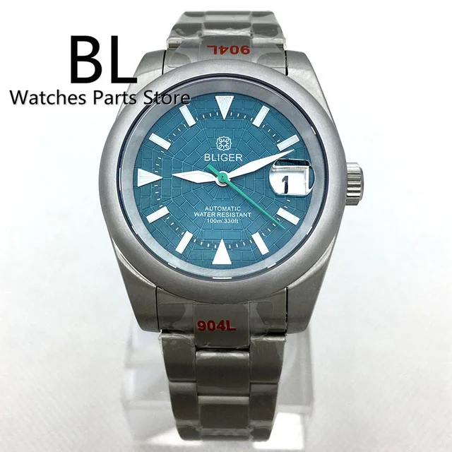 BLIGER 36mm/39mm NH35A Automatic Men's Watch Blue Araneose Webbed Dial Green Luminous Brushed Bezel Oyster/Jubilee Bracelet Date