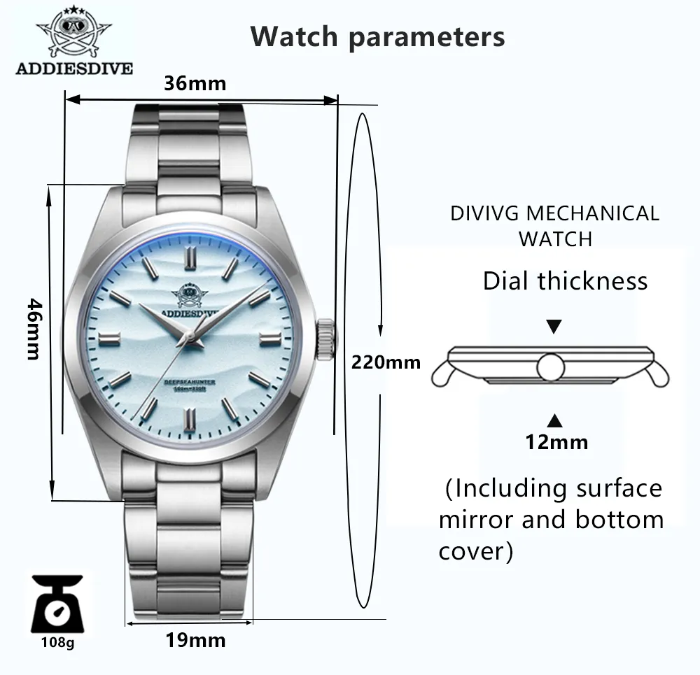 ADDIESDIVE New 36MM Men Wristwatches Luxury Pot Cover Glass AR Coated Quartz Watches 10bar Waterproof Reloj Hombre AD2030