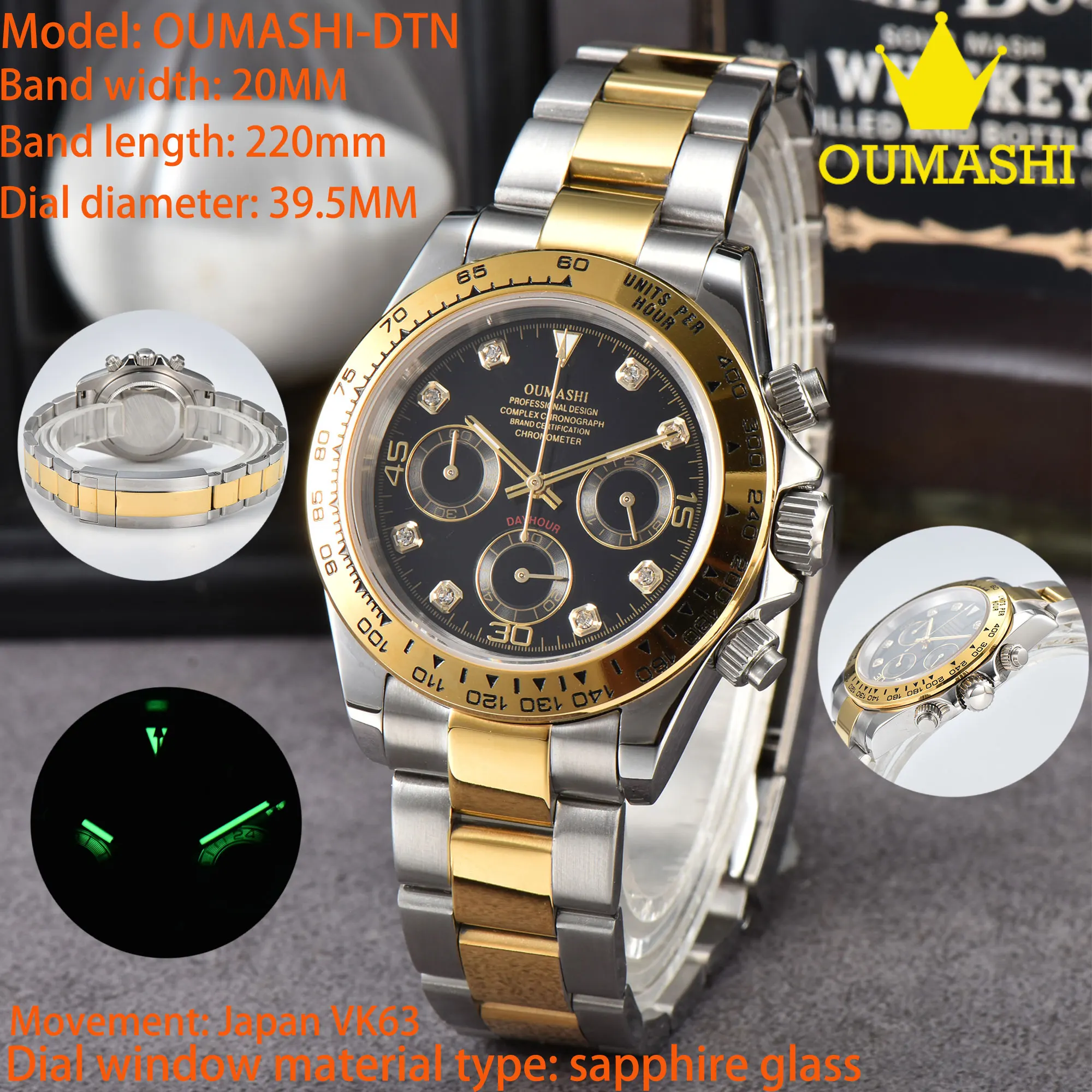 OUMASHI-DTN series top men's sports panda three eye quartz watch, sapphire stainless steel waterproof swimming VK63 timing code