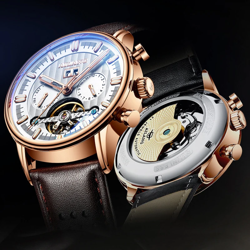 AILANG Top Brand Luxury Mechanical Watch Men's Brown Leather Watch Waterproof Fashion Automatic Tourbillon Watch Week CalendarPr