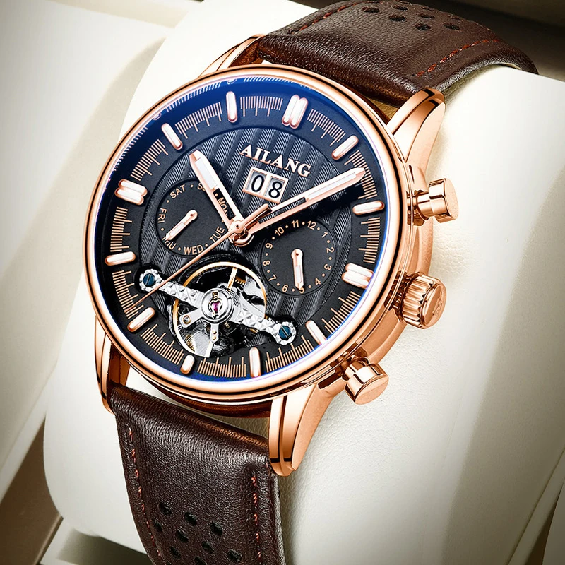 AILANG Top Brand Luxury Mechanical Watch Men's Brown Leather Watch Waterproof Fashion Automatic Tourbillon Watch Week CalendarPr