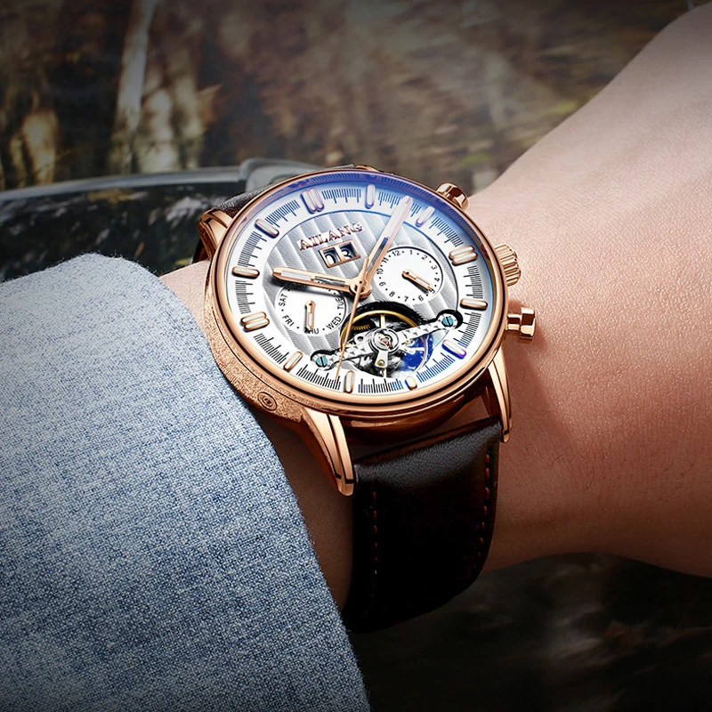 AILANG Top Brand Luxury Mechanical Watch Men's Brown Leather Watch Waterproof Fashion Automatic Tourbillon Watch Week CalendarPr