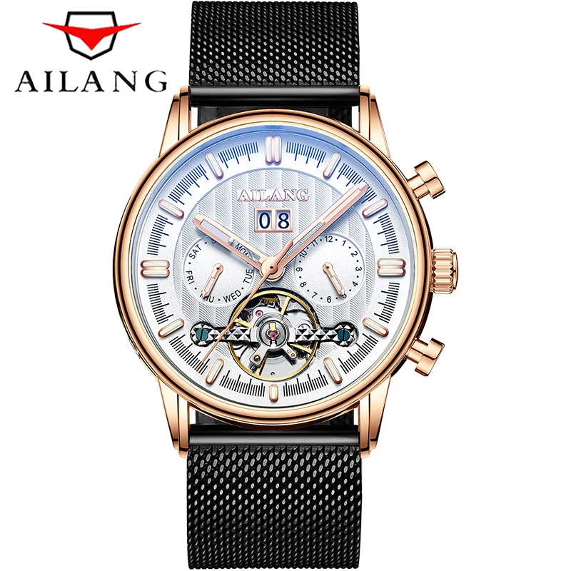 AILANG Top Brand Luxury Mechanical Watch Men's Brown Leather Watch Waterproof Fashion Automatic Tourbillon Watch Week CalendarPr