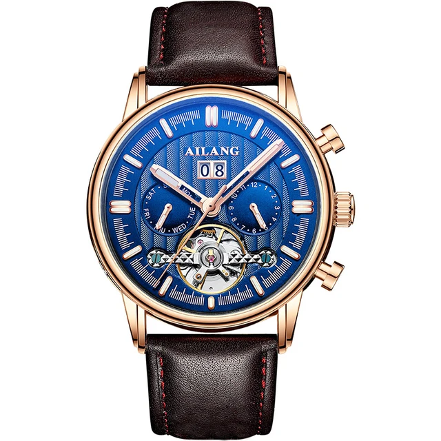 AILANG Top Brand Luxury Mechanical Watch Men's Brown Leather Watch Waterproof Fashion Automatic Tourbillon Watch Week CalendarPr