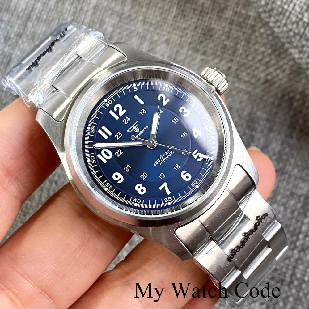 Tandorio 316L Steel Waterproof 20bar Automatic Male Watches Blue Pilot Wristwatch NH35 PT5000 Field 36mm Saat Erkek Otomotik