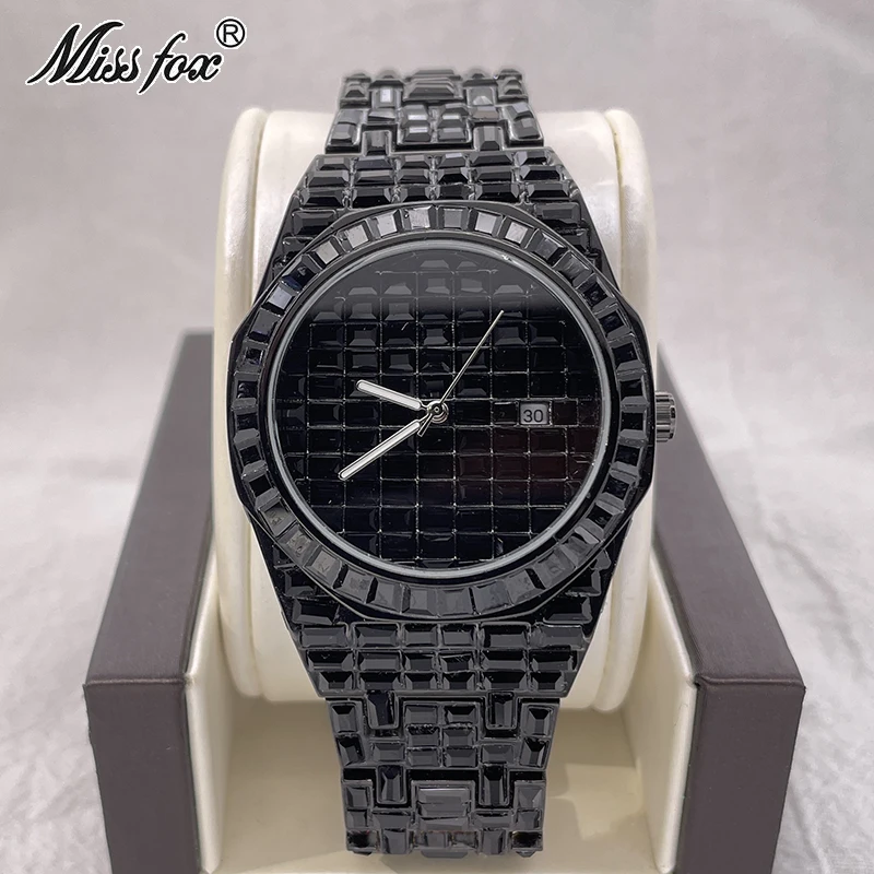 Hip Hop Brand MISSFOX Luxury Wristwatch Baguette Diamond Black Watch For MenS Stainless Steel Automatic Date Quartz Clocks Male