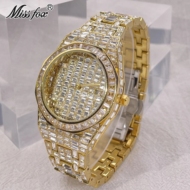 Hip Hop Brand MISSFOX Luxury Wristwatch Baguette Diamond Black Watch For MenS Stainless Steel Automatic Date Quartz Clocks Male