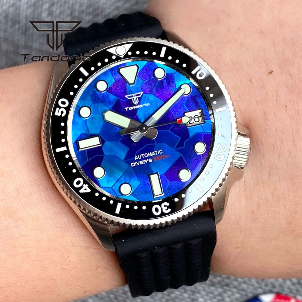 Tandorio 37mm NH35A Mother of Pearl Dial Luminous 200m Dive Automatic Watch for Men Lady Sapphire Rotating Bezel Date Rubber