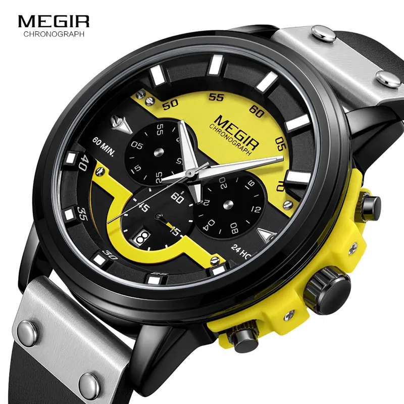 MEGIR 24 Hours Chronograph Quartz Watches Waterproof Casual Leather Wristwatch for Man Luminous Hands Sports Watch 2080 Yellow