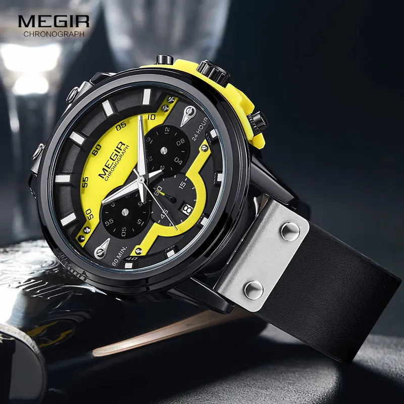 MEGIR 24 Hours Chronograph Quartz Watches Waterproof Casual Leather Wristwatch for Man Luminous Hands Sports Watch 2080 Yellow