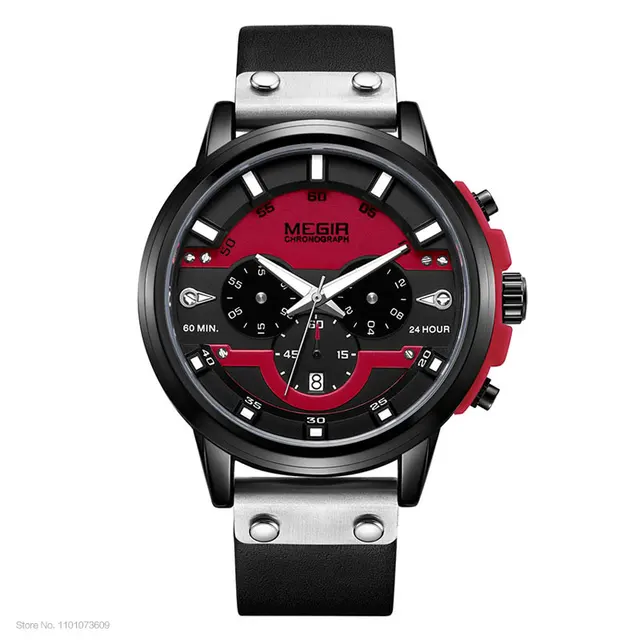 MEGIR 24 Hours Chronograph Quartz Watches Waterproof Casual Leather Wristwatch for Man Luminous Hands Sports Watch 2080 Yellow
