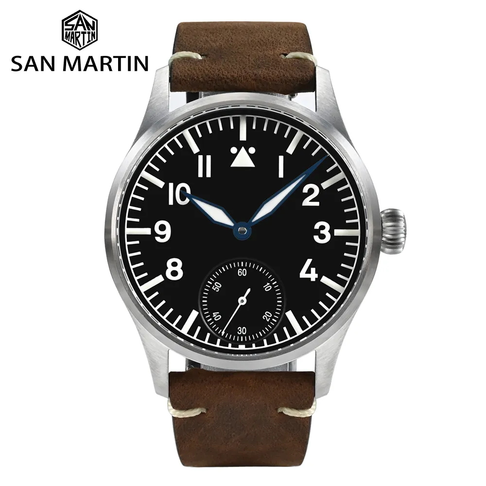 San Martin 41mm Stainless Steel Classic Pilot Watch ST3621 Manual Mechanical For Men Watches Simple Sapphire Waterproof 100m