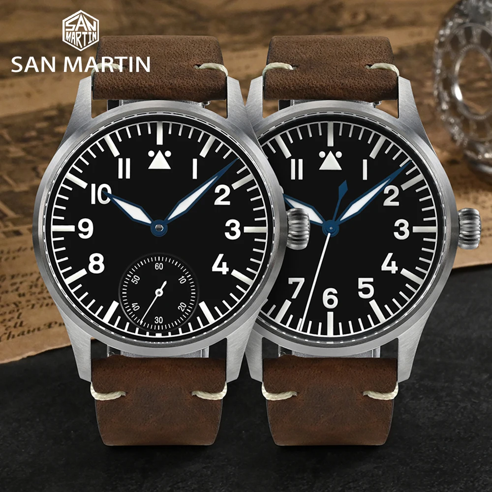 San Martin 41mm Stainless Steel Classic Pilot Watch ST3621 Manual Mechanical For Men Watches Simple Sapphire Waterproof 100m