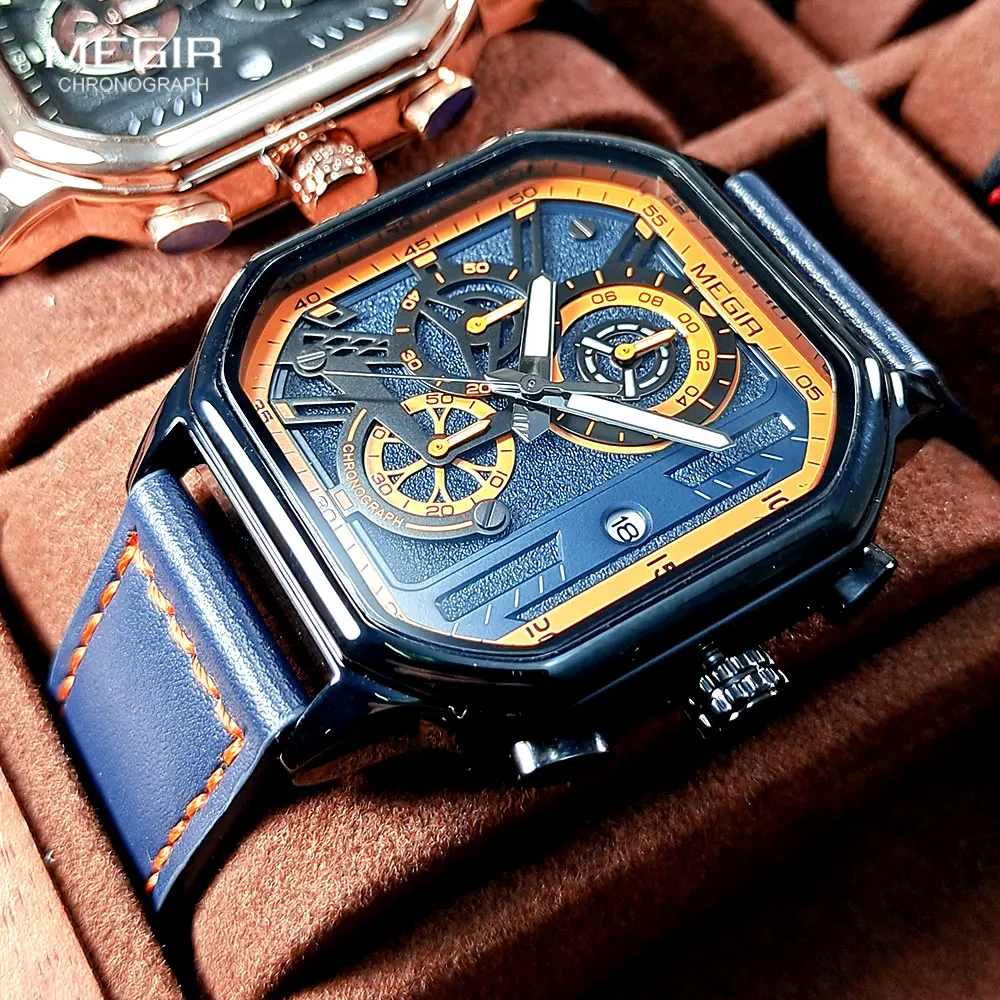MEGIR Fashion Quartz Watch Men Military Sport Chronograph Analog Quartz Wristwatch With Square Dial Blue Orange Strap Date 8106