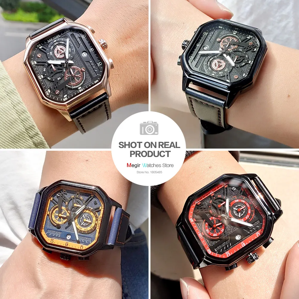 MEGIR Fashion Quartz Watch Men Military Sport Chronograph Analog Quartz Wristwatch With Square Dial Blue Orange Strap Date 8106
