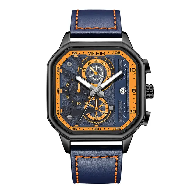 MEGIR Fashion Quartz Watch Men Military Sport Chronograph Analog Quartz Wristwatch With Square Dial Blue Orange Strap Date 8106