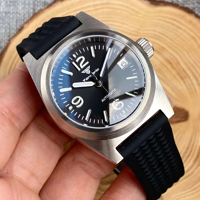 Tandorio 62mas 38mm Pilot Field Diver Automatic Watch Men Genuine NH35 PT5000 Dome Sapphire Crystal Waffle Band reloj hombre