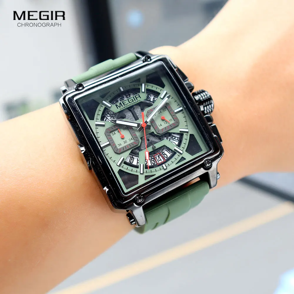 MEGIR Square Dial Quartz Watch for Men Fashion Military Sport Chronograph Wristwatch with Green Silicone Band Date Luminous Hand
