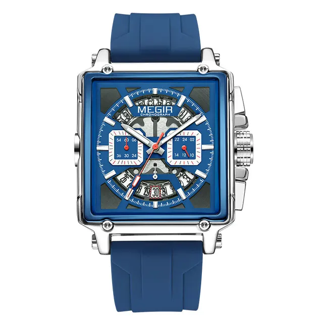 MEGIR Square Dial Quartz Watch for Men Fashion Military Sport Chronograph Wristwatch with Green Silicone Band Date Luminous Hand
