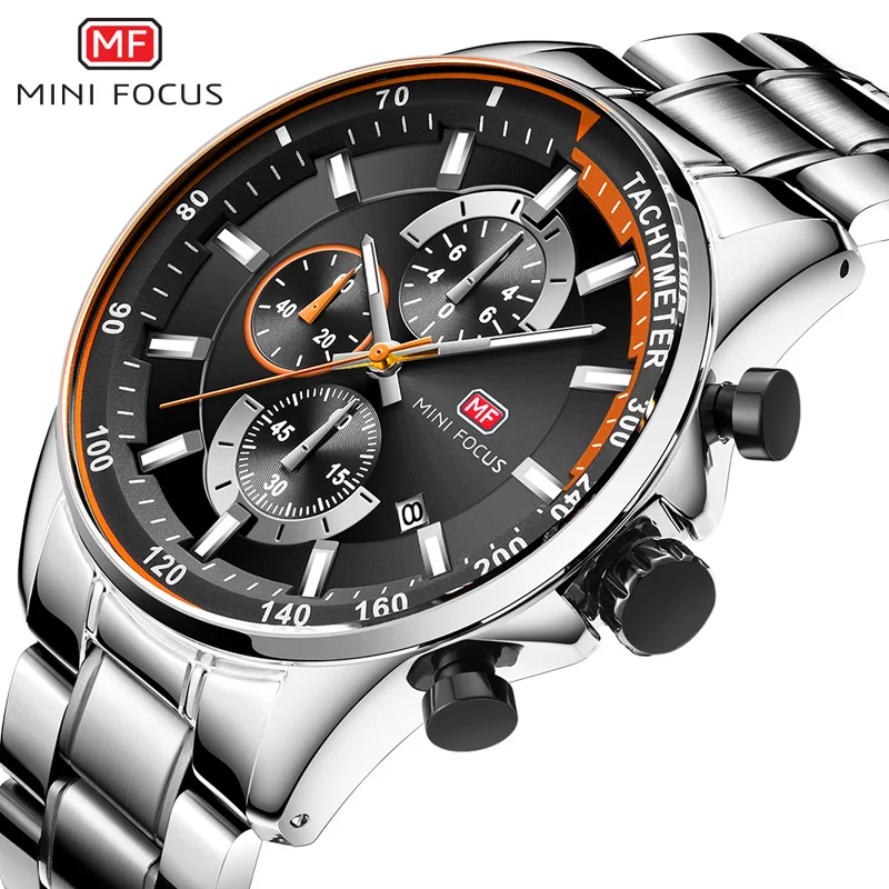 MINI FOCUS Men's Business Dress Watches Stainless Steel Luxury Waterproof Chronograph Quartz Wrist Watch Man Silver 0218G.03