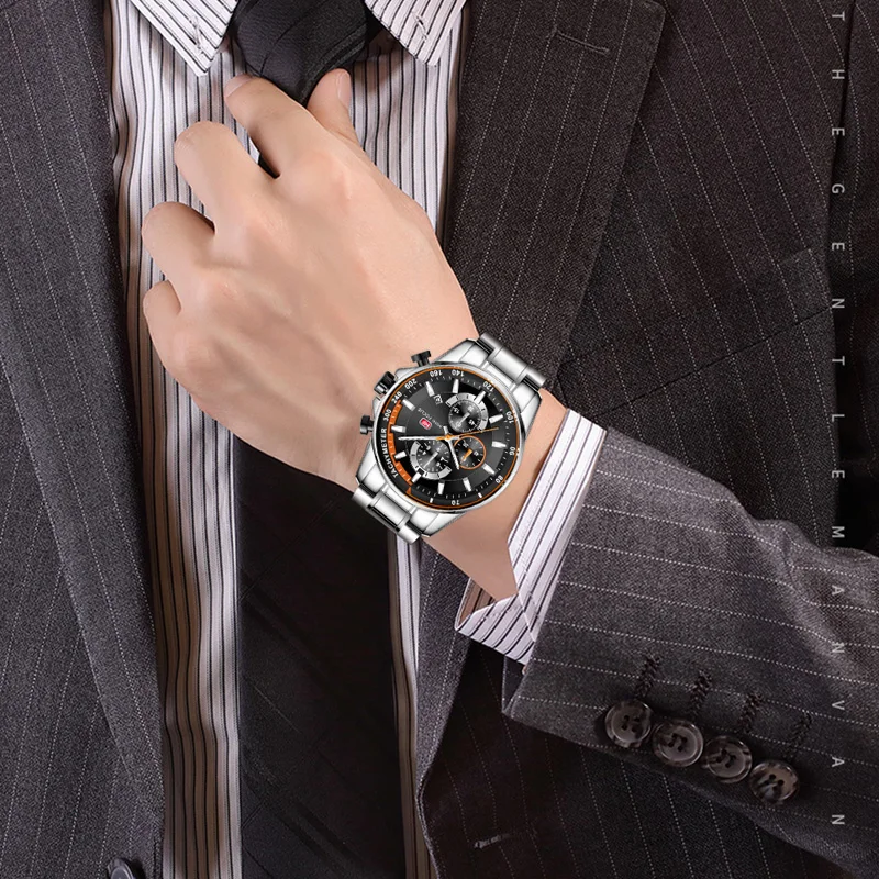 MINI FOCUS Men's Business Dress Watches Stainless Steel Luxury Waterproof Chronograph Quartz Wrist Watch Man Silver 0218G.03