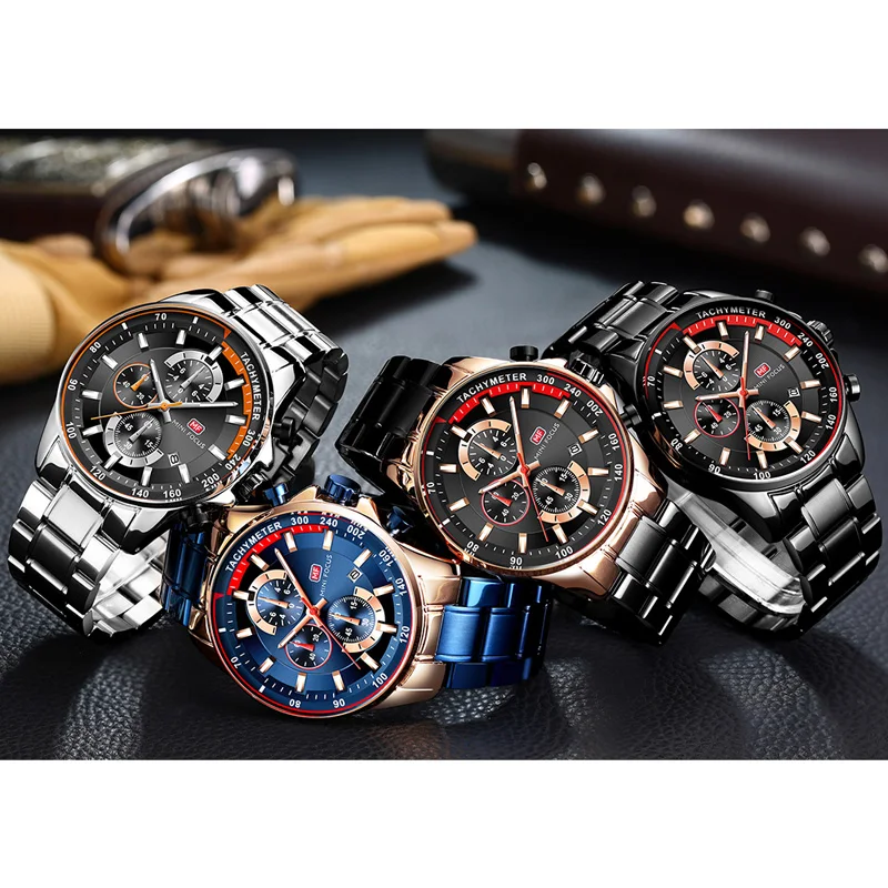 MINI FOCUS Men's Business Dress Watches Stainless Steel Luxury Waterproof Chronograph Quartz Wrist Watch Man Silver 0218G.03