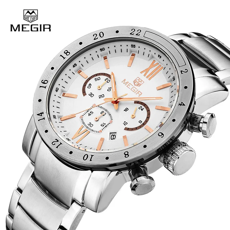 MEGIR hot brand quartz watches for men man's business white wristwatch fashion three-eyes waterproof luminous watch for male
