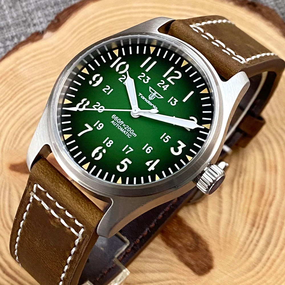 Tandorio 20bar Diving Steel Mechanical Field Watch Sunburst Green Dial 39mm Pilot Wristwatch Swim Sport Clock Rejor Green Lume