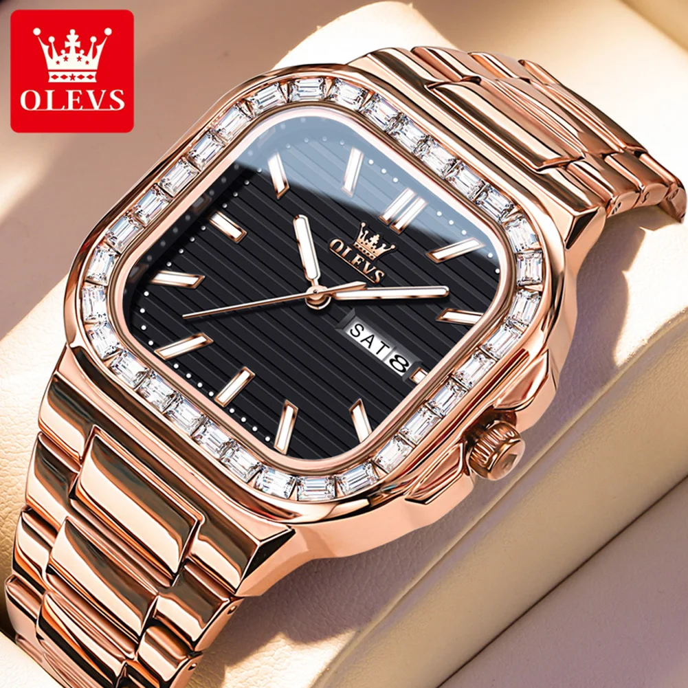 OLEVS Luxury Brand Men's Watches Waterproof Stainless Steel Strap Quartz Watch Luminous Dual Calendar Set With Diamonds Original
