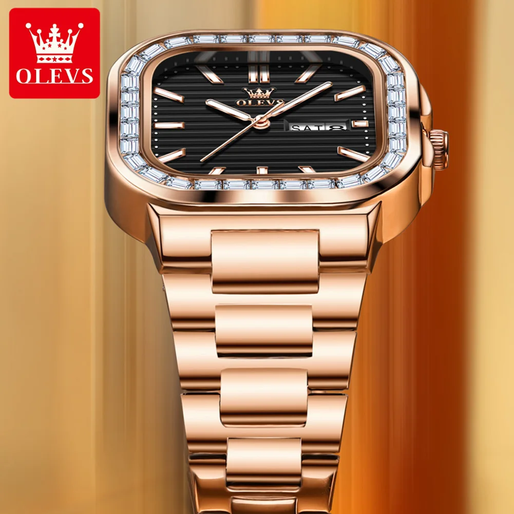 OLEVS Luxury Brand Men's Watches Waterproof Stainless Steel Strap Quartz Watch Luminous Dual Calendar Set With Diamonds Original