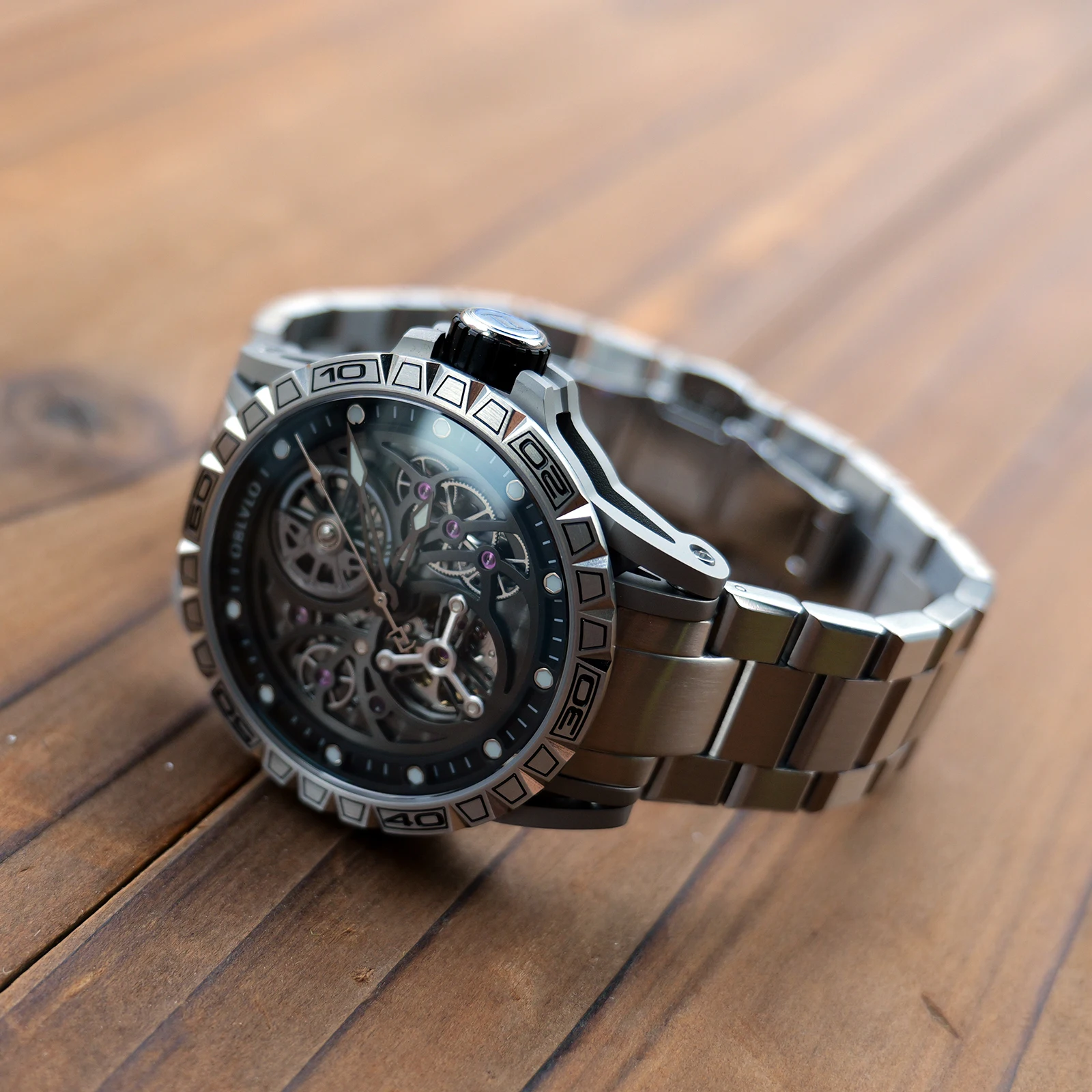 OBLVLO Luxury Men Stainless Steel Hollow-Out Mechanical Watches Designer Skeleton Dial Automatic Self-Wind Waterproof Watch LMS