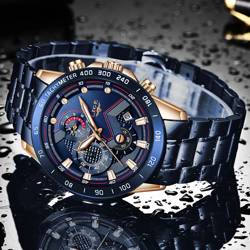 Blue Fashion Business Clock Mens Watches Top Brand Luxury All Steel Waterproof Quartz Gold Watch Relogio Masculino