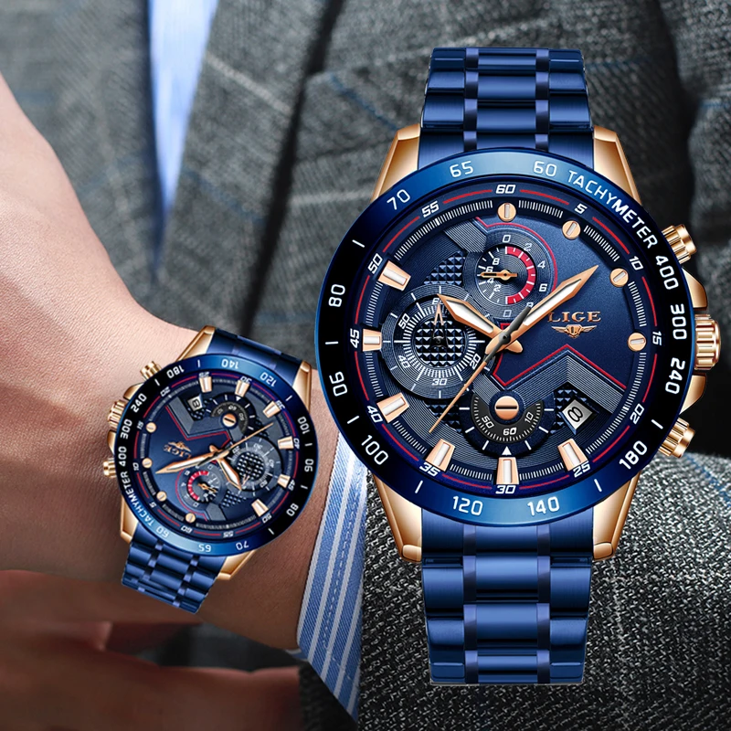 Blue Fashion Business Clock Mens Watches Top Brand Luxury All Steel Waterproof Quartz Gold Watch Relogio Masculino