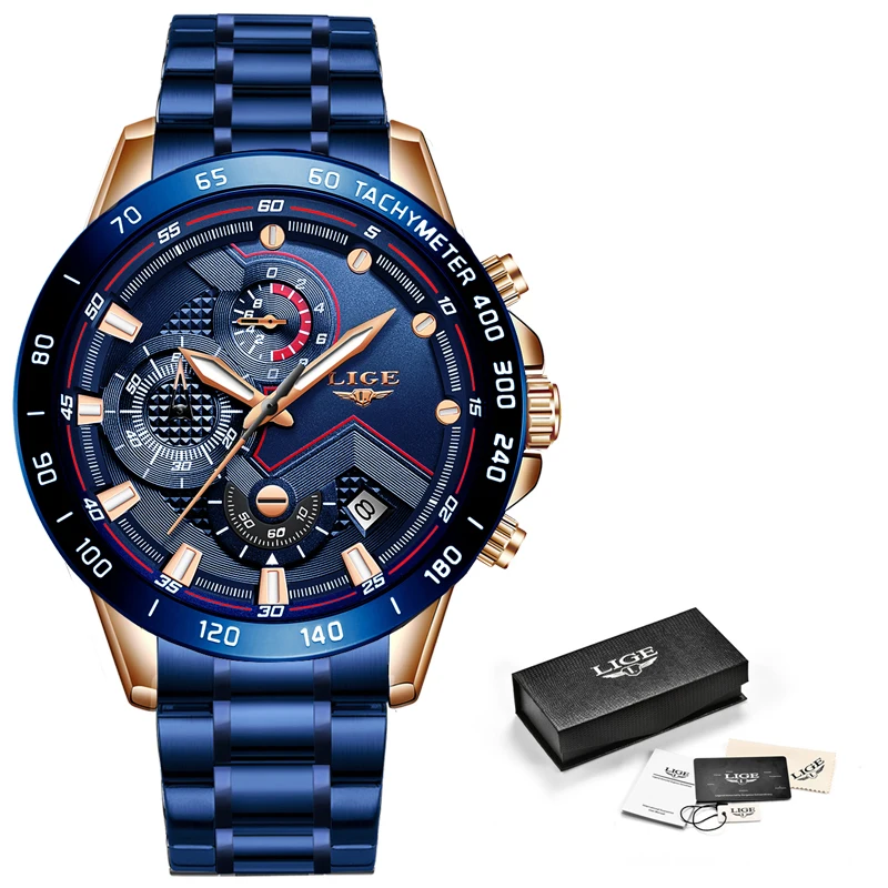 Blue Fashion Business Clock Mens Watches Top Brand Luxury All Steel Waterproof Quartz Gold Watch Relogio Masculino