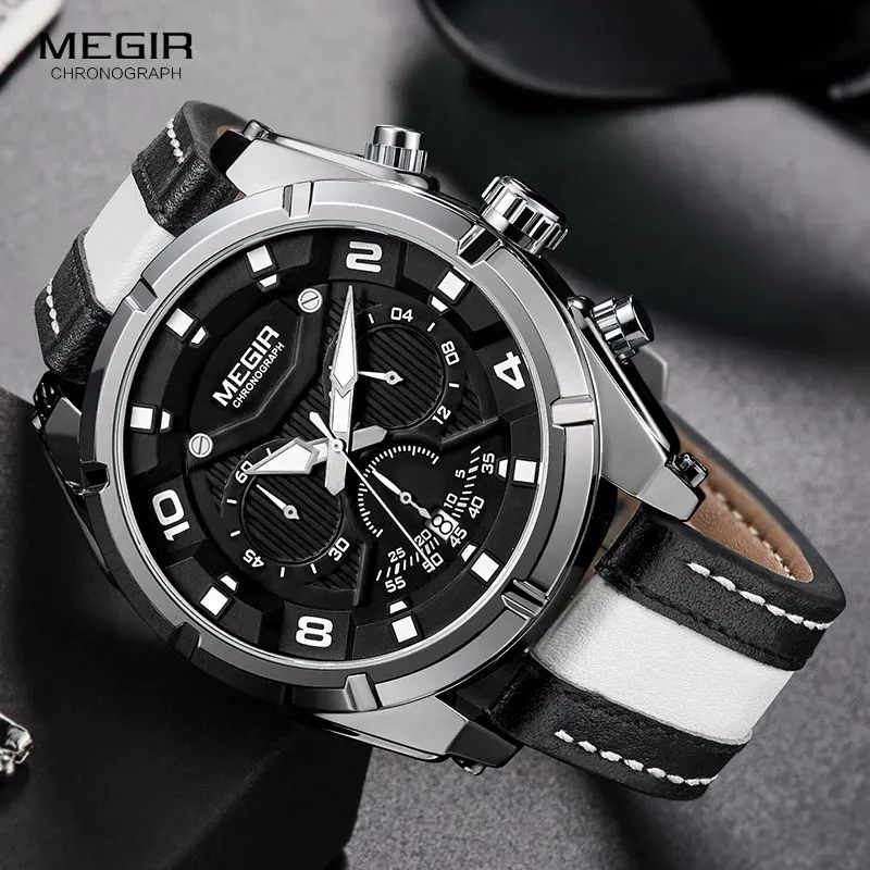 Fashion Men's Chronograph Quartz Watches Leather Strap Luminous Hands 24-hour Sports Analogue Wristwatch for Man 2076White