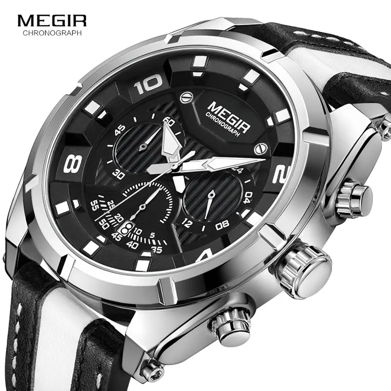 Fashion Men's Chronograph Quartz Watches Leather Strap Luminous Hands 24-hour Sports Analogue Wristwatch for Man 2076White