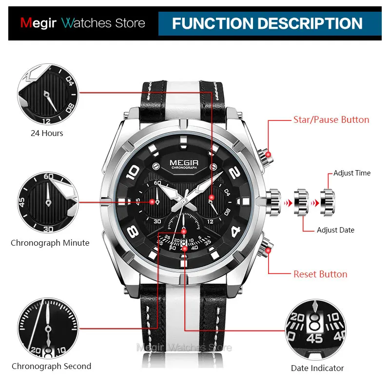 Fashion Men's Chronograph Quartz Watches Leather Strap Luminous Hands 24-hour Sports Analogue Wristwatch for Man 2076White