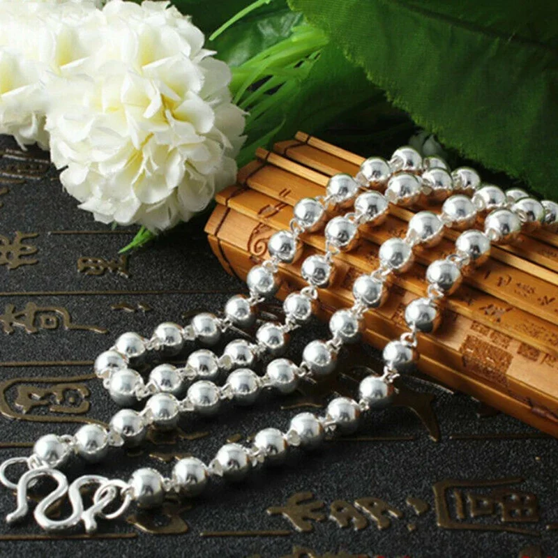 Real S999 Silver Chain Pure Silver Ball Necklace For Women Beads Sweater Long Chain Smooth Beads 20inch 22inch 24inch 26inch