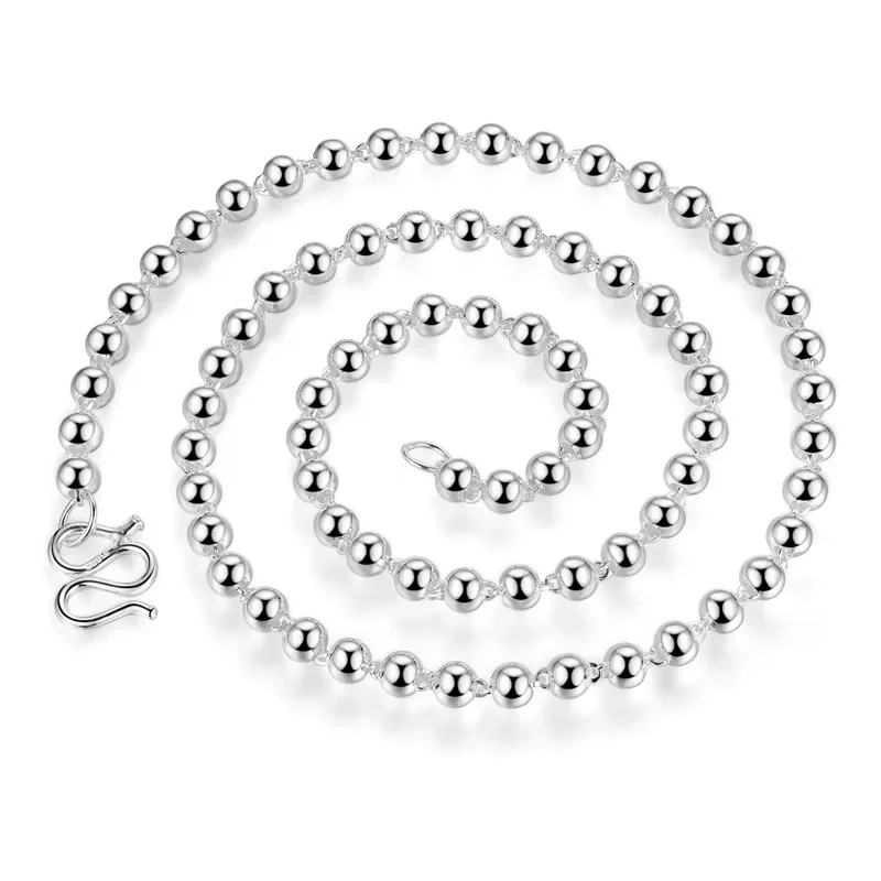 Real S999 Silver Chain Pure Silver Ball Necklace For Women Beads Sweater Long Chain Smooth Beads 20inch 22inch 24inch 26inch