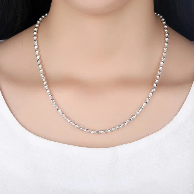 Real S999 Silver Chain Pure Silver Ball Necklace For Women Beads Sweater Long Chain Smooth Beads 20inch 22inch 24inch 26inch